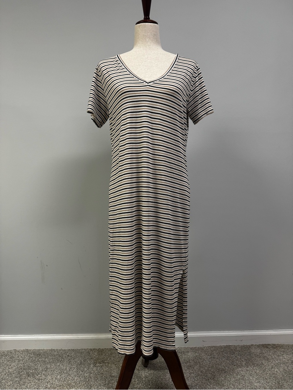 MM.LaFleur Cream and Black Striped V-Neck High-Low Maxi Dress
